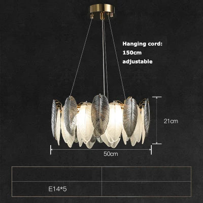 lustre suspendu led art déco en cristal et plumes blanches et grises - Image 9
