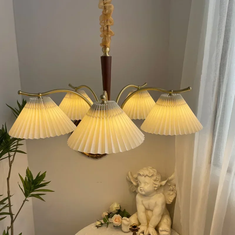 lustre suspendu nordique rétro abat-jour en tissu plissé lampe décorative - Image 3