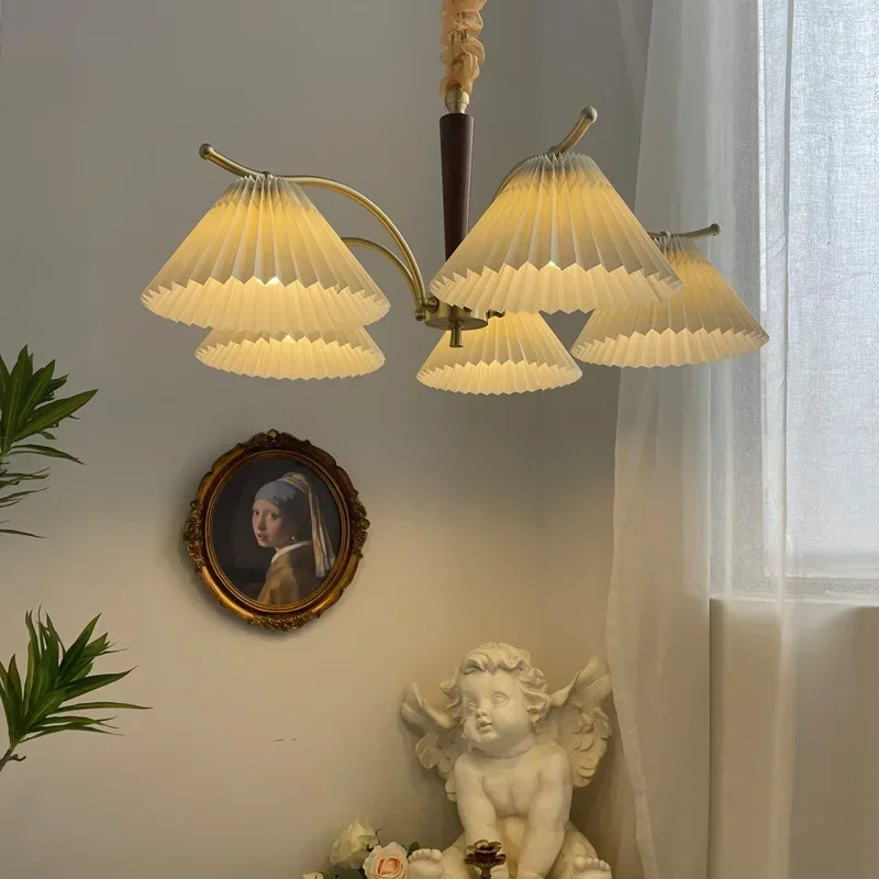 lustre suspendu nordique rétro abat-jour en tissu plissé lampe décorative - Image 4