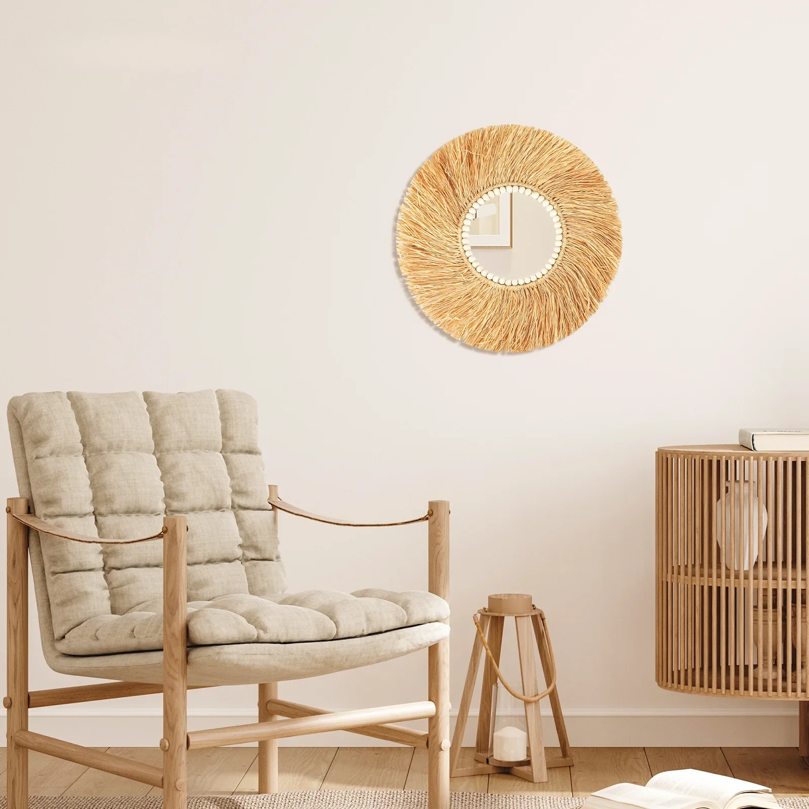 miroir décoratif en perles de bois et bambou fait à la main - Image 3
