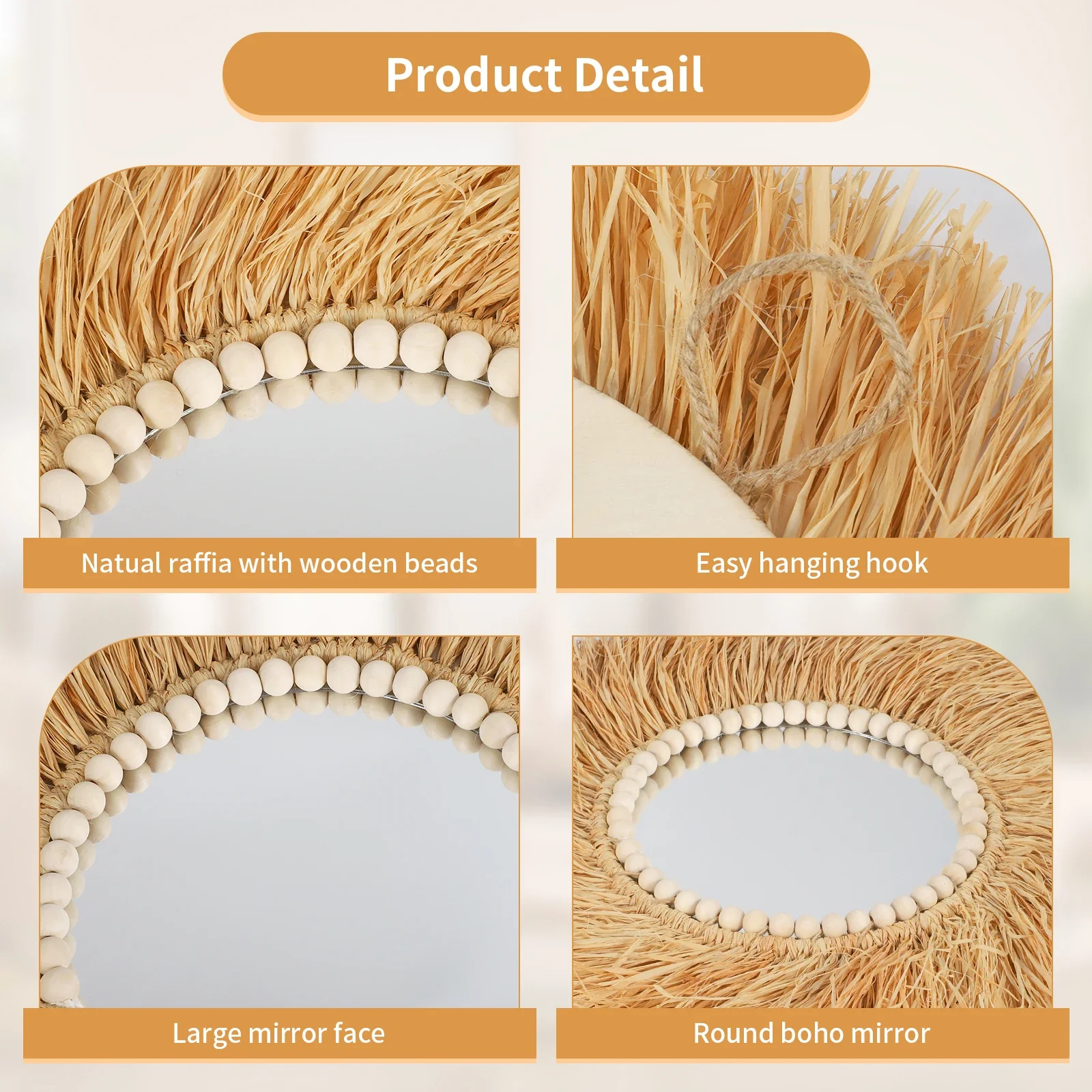 miroir décoratif en perles de bois et bambou fait main - Image 5