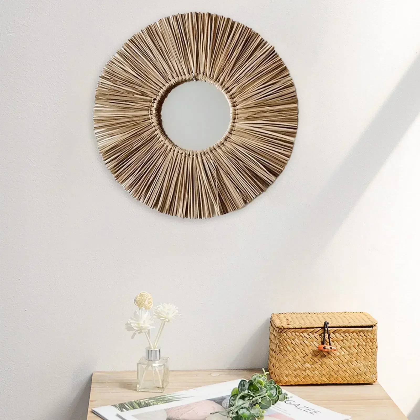 miroir mural rond en corde de paille fait main décoratif à suspendre - Image 7