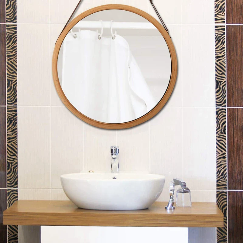 miroir rond suspendu en bambou avec sangle en cuir réglable - Image 5