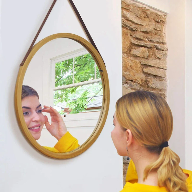 miroir rond suspendu en bambou avec sangle en cuir réglable - Image 7