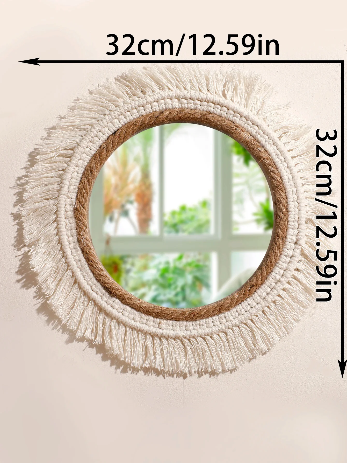 miroir suspendu en macramé décoratif avec pompons tissés - Image 8