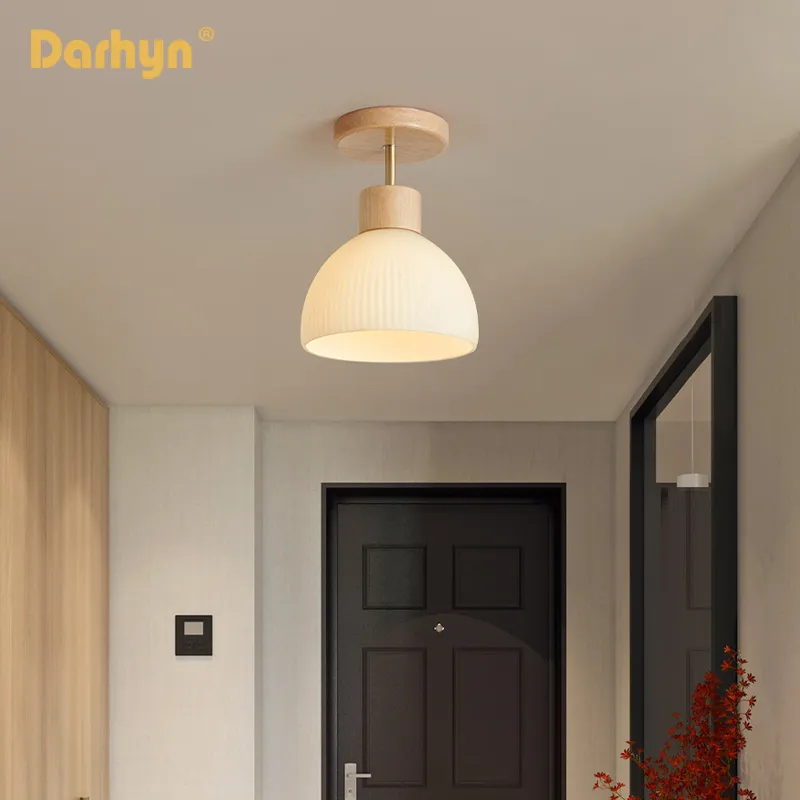 Mode bois suspension Lustre salon abat-jour en verre allée balcon chambre étude Simple Lustre salle à manger lampe - Image 3