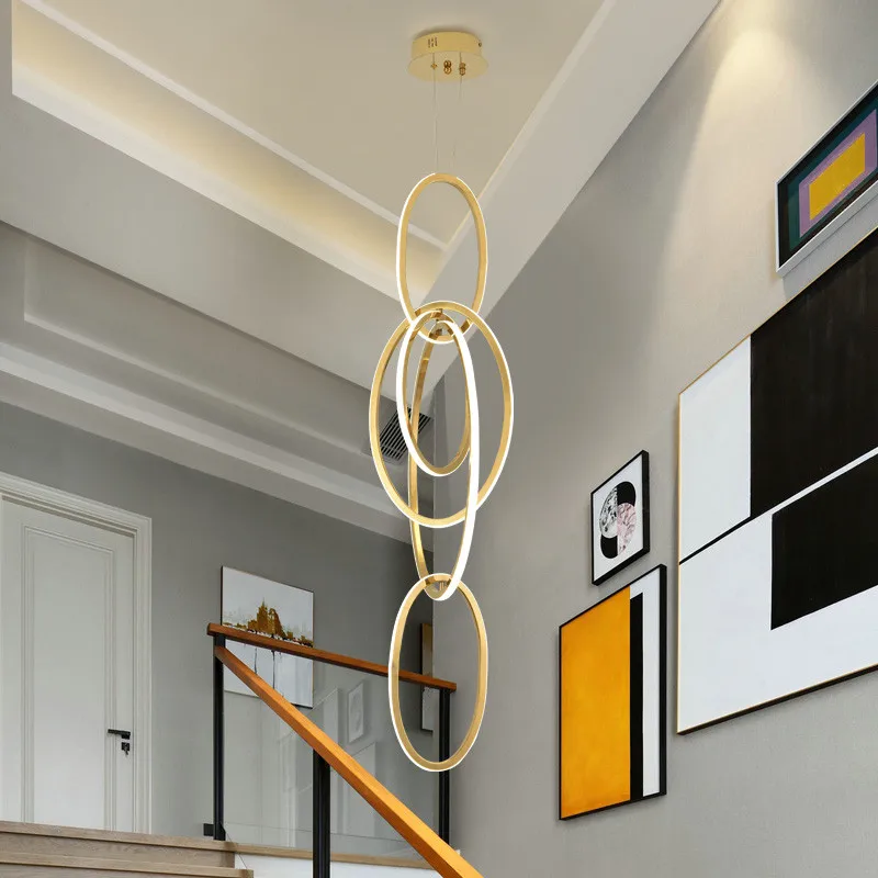 Modern Creative Stainless Steel Led Dining Room Chandelier Golden Staircase Living Room Light, Hanging Chandelier In Bedroom - Image 2