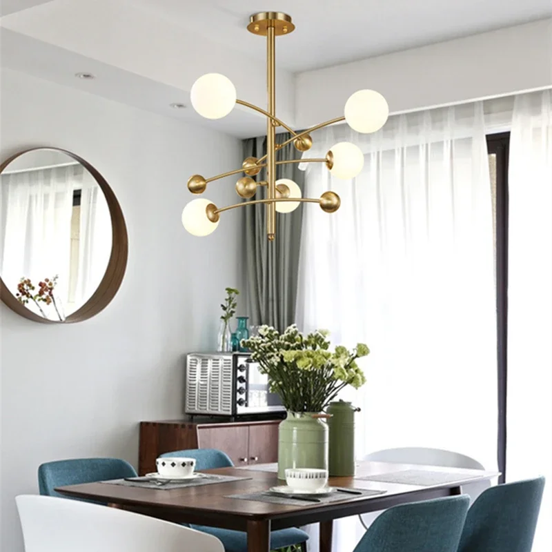 Nordic 5 Heads Copper Chandelier For Living Room Bedroom Hotel Rotatable Arms Milky White Lampshade G9 LED Lighting Fixtures - Image 2