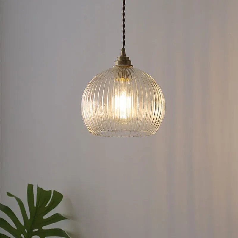 Nordique LED verre suspension lait blanc rayé boule suspendus lumières rétro cuivre salon décor luminaire chambre LED Luminai - Image 2