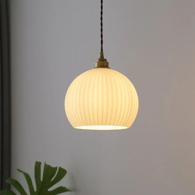 Nordique LED verre suspension lait blanc rayé boule suspendus lumières rétro cuivre salon décor luminaire chambre LED Luminai - Image 3