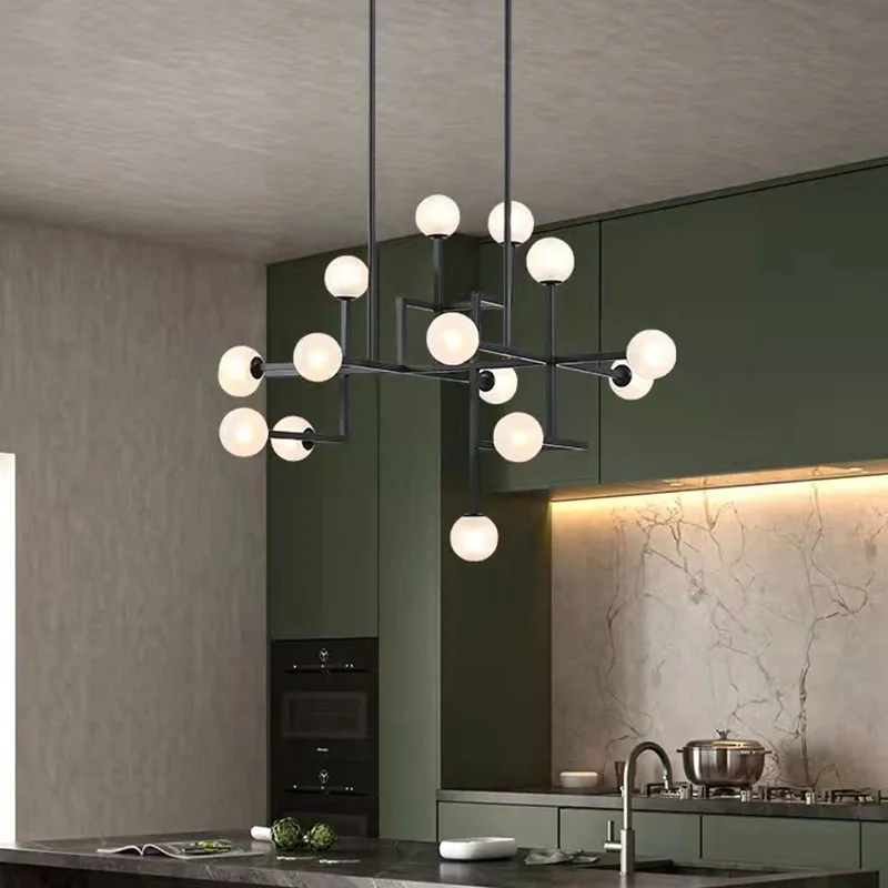 Nouvelles LED lustres hôtel Hall Foyer salle à manger lampe suspendue or noir métal éclairage moderne 15 verre blanc G9 ampoule Art déco - Image 3