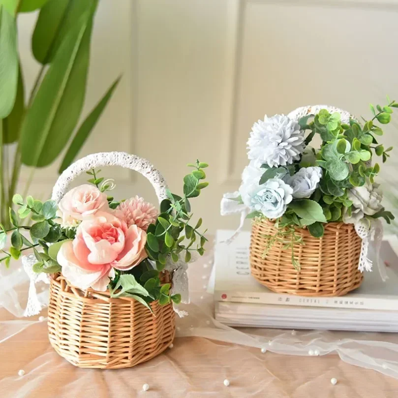 panier en rotin naturel tissé à la main pour mariage décoratif avec dentelle - Image 2