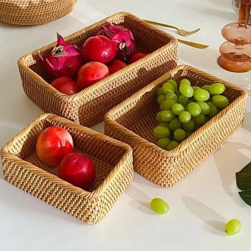 panier en rotin rectangulaire tissé à la main pour rangement et pique-nique - Image 2