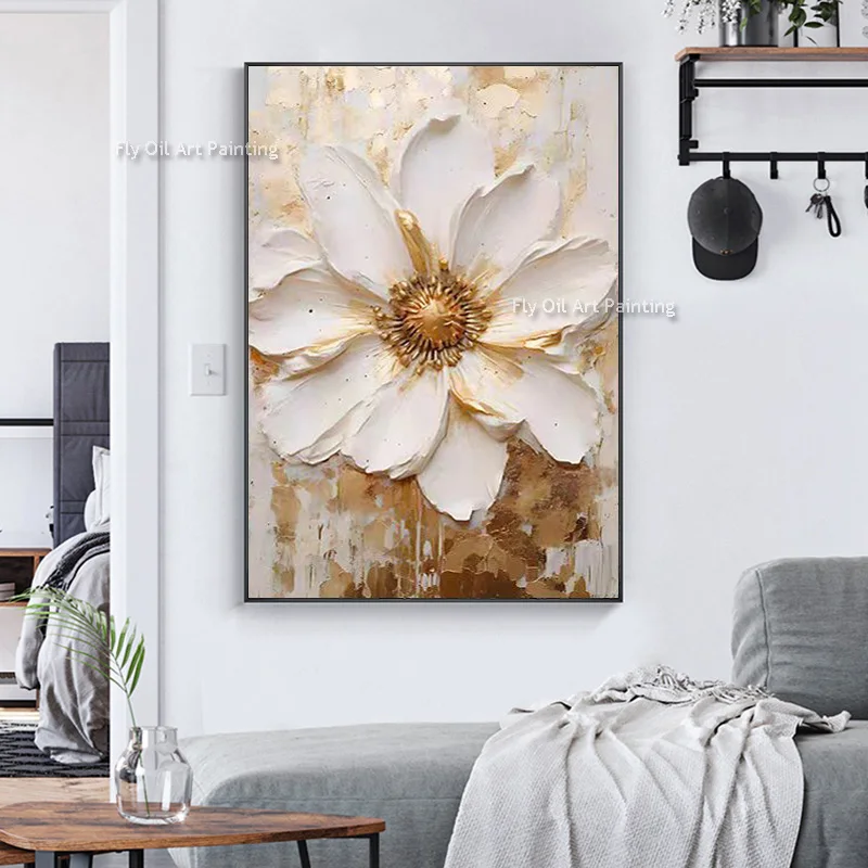 Tableau peinture à l'huile épaisse fleurs blanches abstraites décoration murale luxe - Image 2