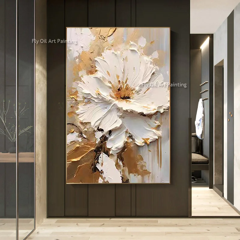 Tableau peinture à l'huile épaisse fleurs blanches abstraites décoration murale luxe - Image 3