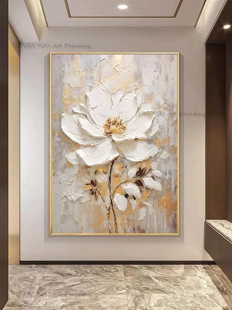 Tableau peinture à l'huile épaisse fleurs blanches abstraites décoration murale luxe - Image 4