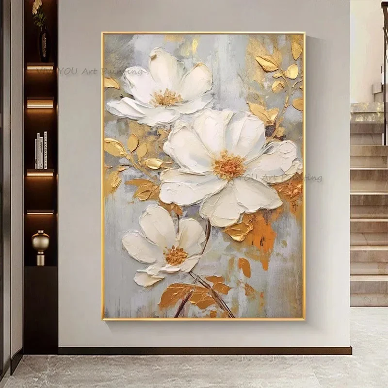 Tableau peinture à l'huile épaisse fleurs blanches abstraites décoration murale luxe - Image 5