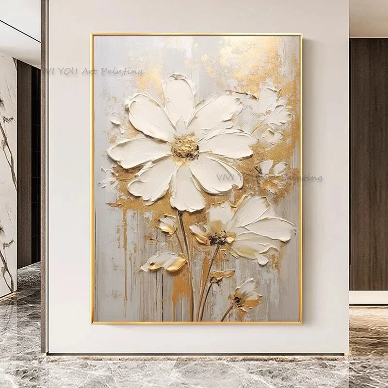 Tableau peinture à l'huile épaisse fleurs blanches abstraites décoration murale luxe - Image 7