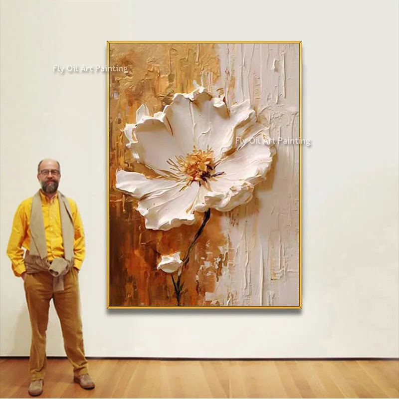 Tableau peinture à l'huile épaisse fleurs blanches abstraites décoration murale luxe - Image 9