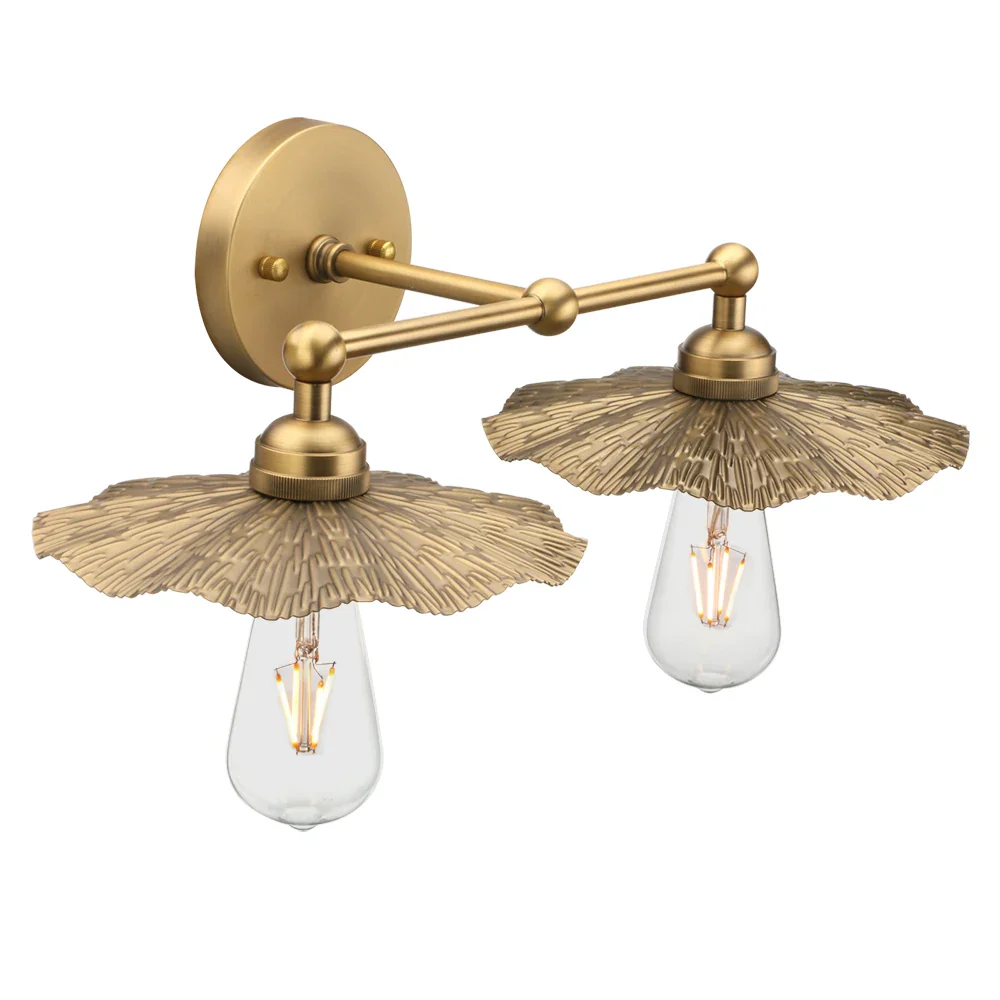 Phansthy 2 Lights Vintage Metal Wall Sconce Brass Finished, Split Flower Design Wall Lamp Fixture,Living Room Hallway Bedside - Image 3