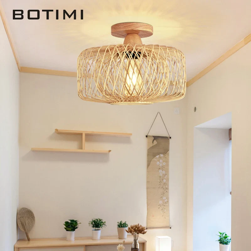 Plafonnier en bois moderne avec abat-jour en osier - Image 3
