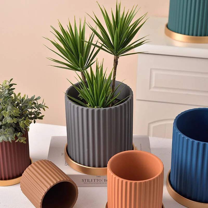 pot de fleurs en céramique lignes verticales pour plantes d'intérieur - Image 4