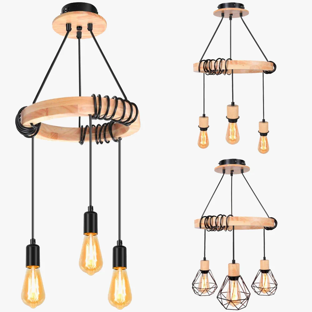 suspension industrielle nordique en bois style rétro à trois têtes