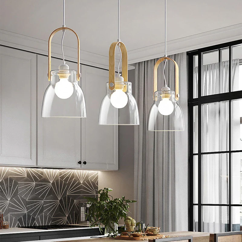 suspension moderne en verre transparent avec ampoule en bois - Image 3