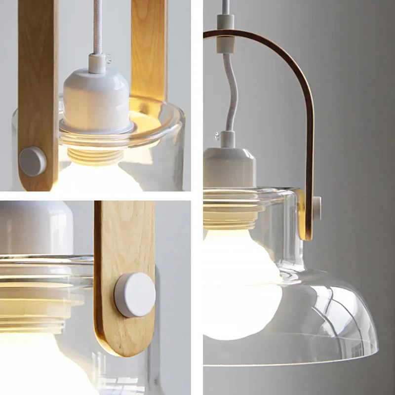 suspension moderne en verre transparent avec ampoule en bois - Image 4