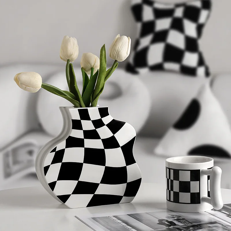 vase en céramique damier pour fleurs séchées décoration élégante - Image 3