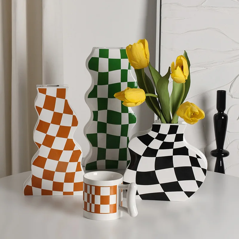 vase en céramique damier pour fleurs séchées décoration élégante - Image 5