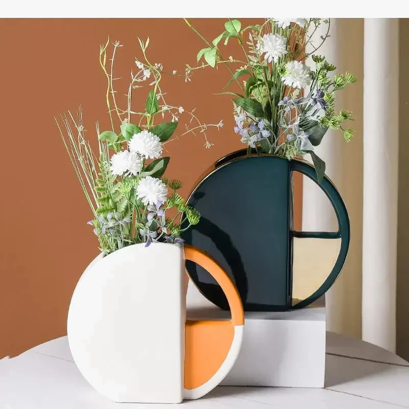 vase rond en céramique décoratif design géométrique moderne pour fleurs