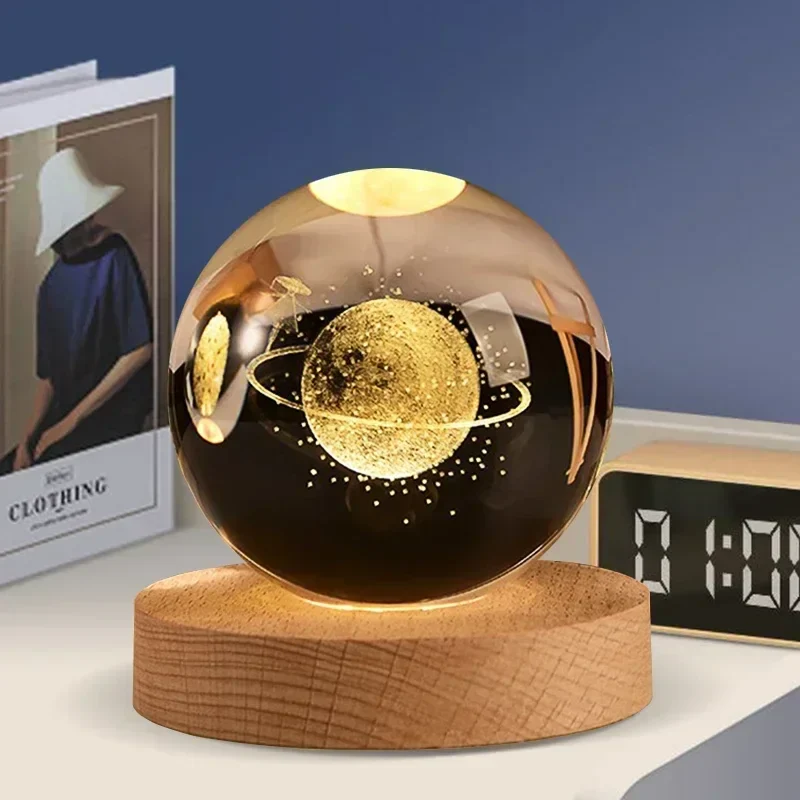 veilleuse 3D en cristal système solaire cadeau décoratif en bois - Image 14