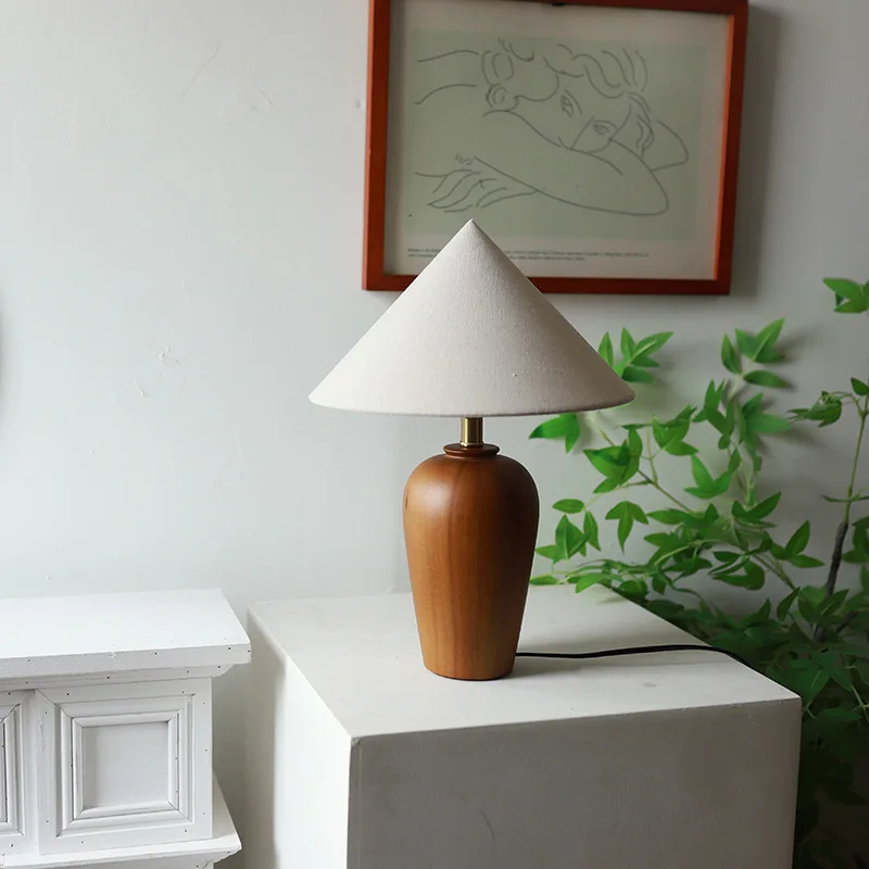 Vintage Table Lamp Desk Light with Wood Stand Fabric Shade - Image 2