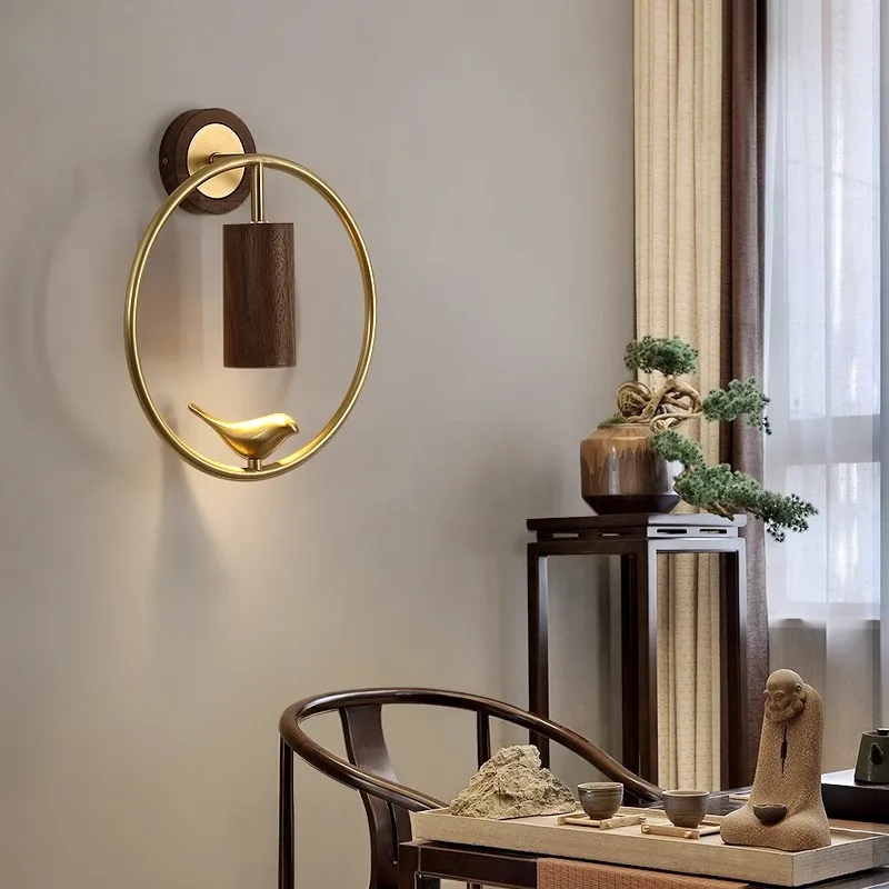 Walnut Wood Circle Brass bird, Wabi-sabi Modern style, Wall Sconce light for Bedroom, Bedside, Living, Recreation, Study - Image 3