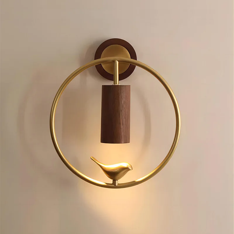 Walnut Wood Circle Brass bird, Wabi-sabi Modern style, Wall Sconce light for Bedroom, Bedside, Living, Recreation, Study - Image 4