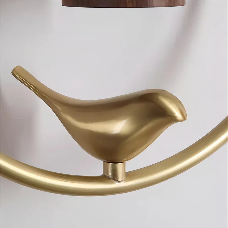 Walnut Wood Circle Brass bird, Wabi-sabi Modern style, Wall Sconce light for Bedroom, Bedside, Living, Recreation, Study - Image 5