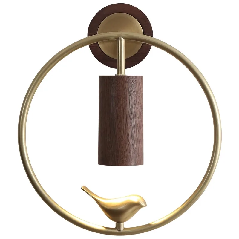 Walnut Wood Circle Brass bird, Wabi-sabi Modern style, Wall Sconce light for Bedroom, Bedside, Living, Recreation, Study - Image 6