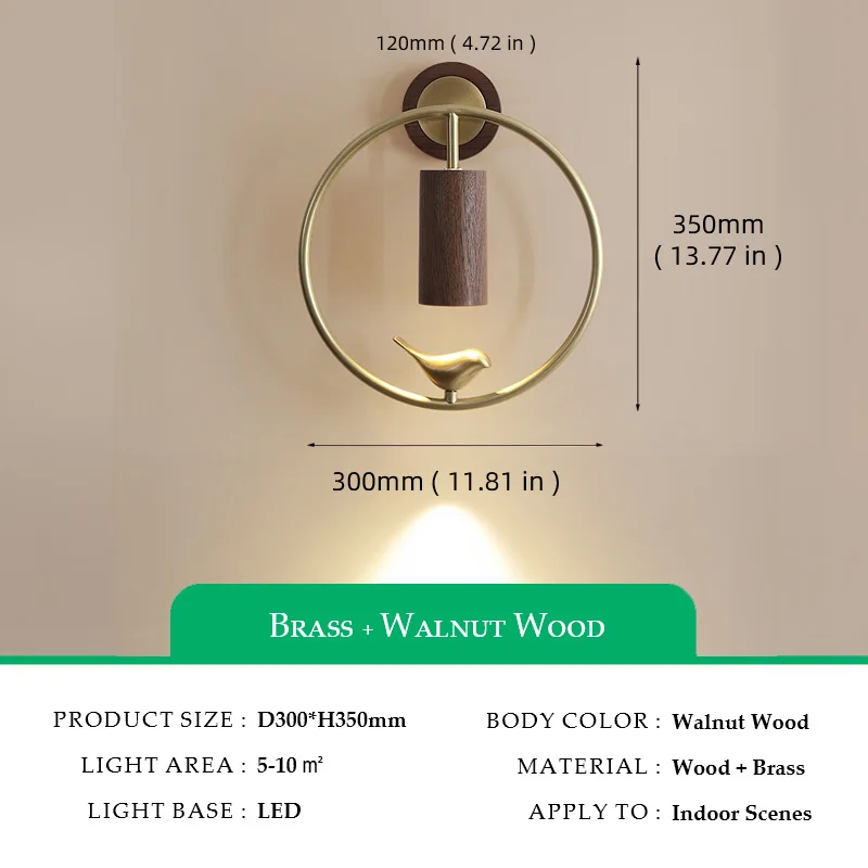 Walnut Wood Circle Brass bird, Wabi-sabi Modern style, Wall Sconce light for Bedroom, Bedside, Living, Recreation, Study - Image 7