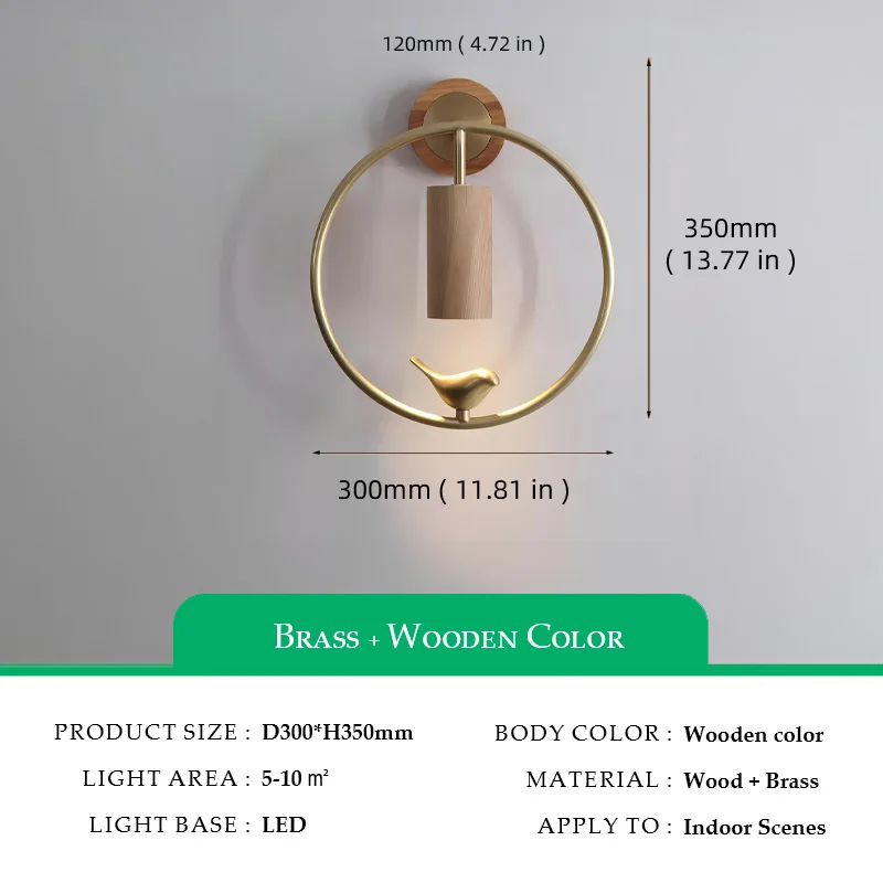 Walnut Wood Circle Brass bird, Wabi-sabi Modern style, Wall Sconce light for Bedroom, Bedside, Living, Recreation, Study - Image 8