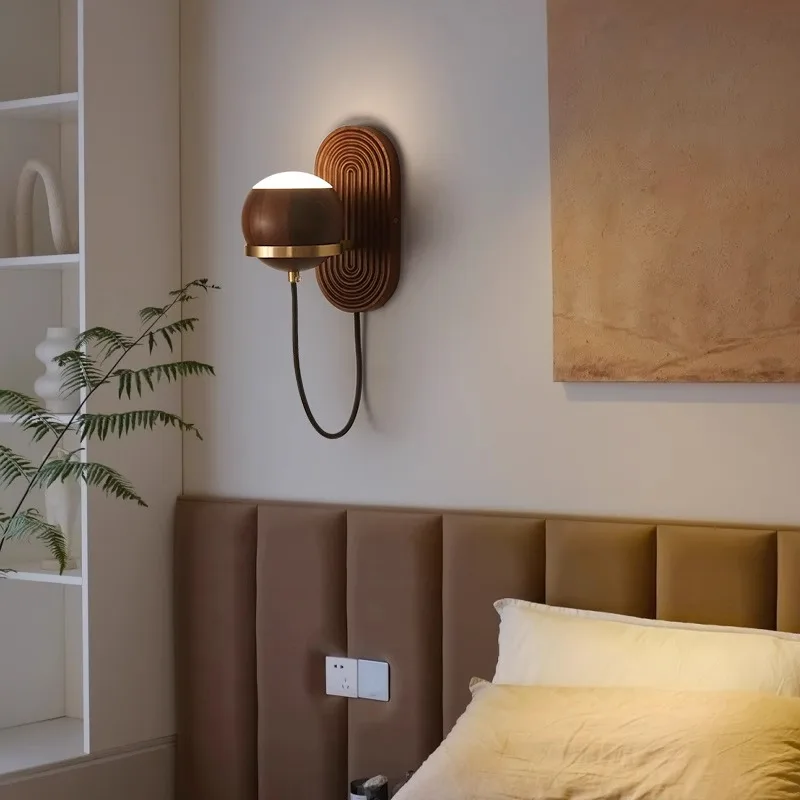 Walnut Wood Circular Sphere, Wabi-sabi minimalist Modern style, Wall Sconce light for Bedroom, Bedside, Living, Dining Room - Image 2