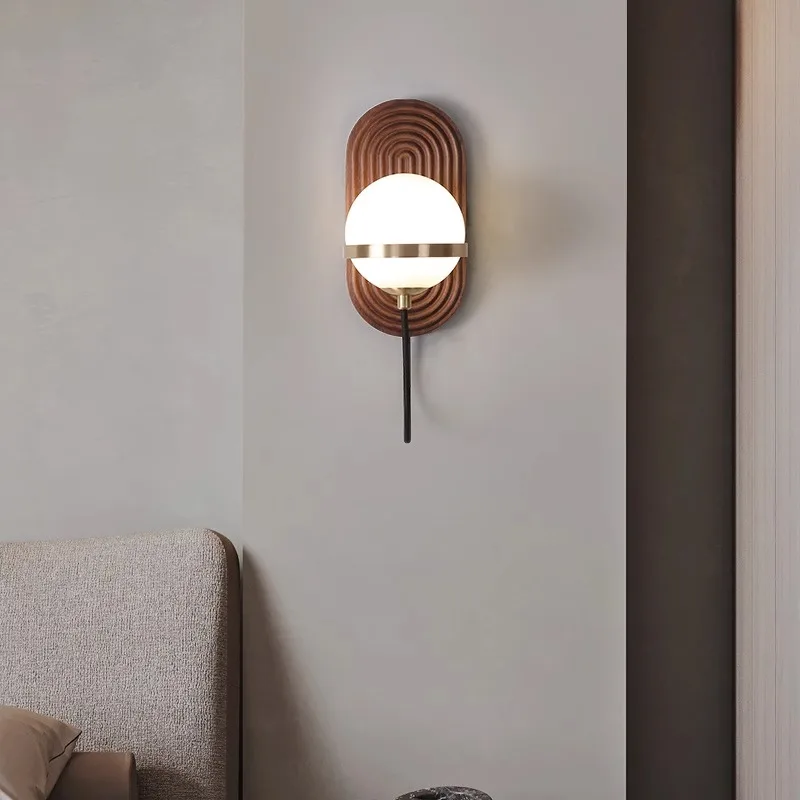 Walnut Wood Circular Sphere, Wabi-sabi minimalist Modern style, Wall Sconce light for Bedroom, Bedside, Living, Dining Room - Image 3