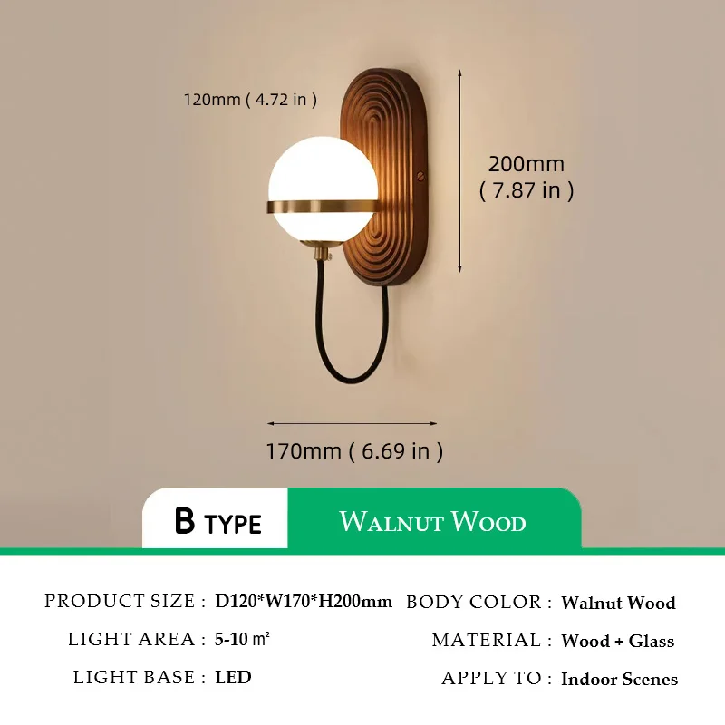 Walnut Wood Circular Sphere, Wabi-sabi minimalist Modern style, Wall Sconce light for Bedroom, Bedside, Living, Dining Room - Image 7