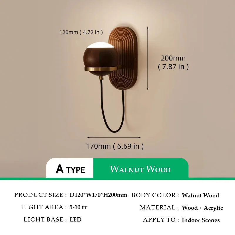 Walnut Wood Circular Sphere, Wabi-sabi minimalist Modern style, Wall Sconce light for Bedroom, Bedside, Living, Dining Room - Image 8