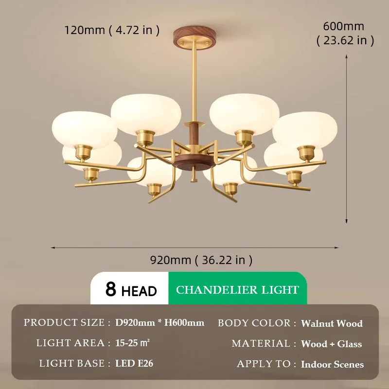Walnut Wood Glass Brass, Wabi-sabi Modern Vintage style, chandelier lights for Living room, Bedroom, dining room, study - Image 9