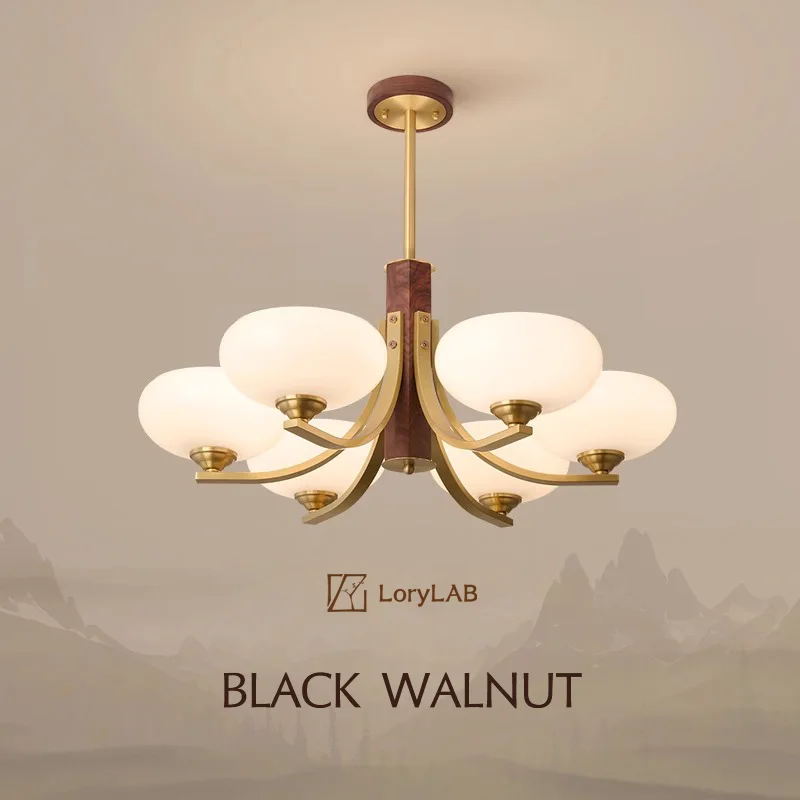 Walnut Wood Glass Brass, Wabi-sabi Modern Vintage style, chandelier lights for Living room, Bedroom, dining room, study