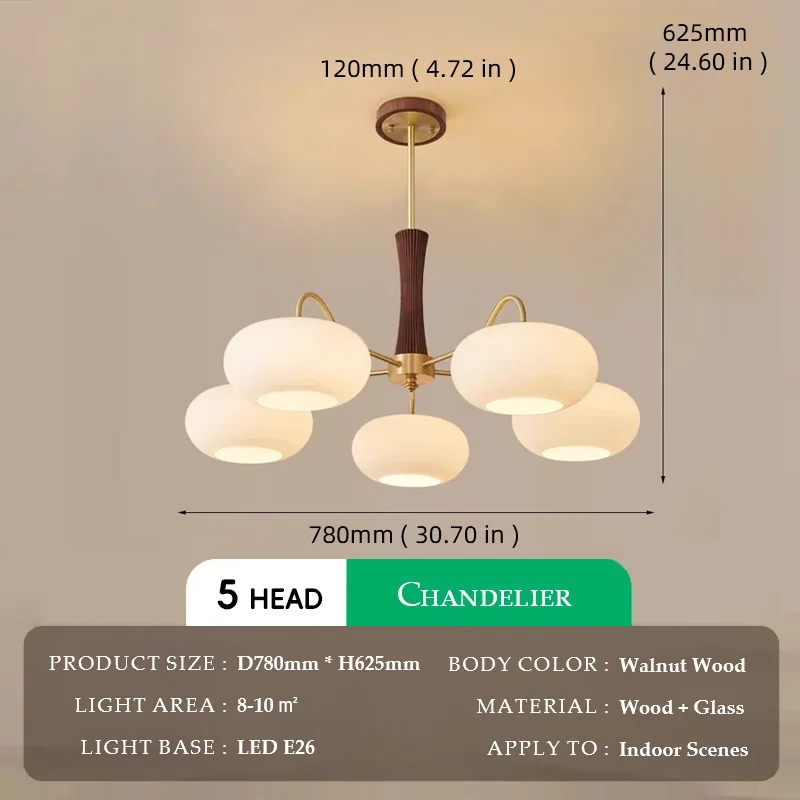 Walnut Wood Glass Brass, Wabi-sabi Modern Vintage style, chandelier lights for Living room, Bedroom, dining room, study - Image 10