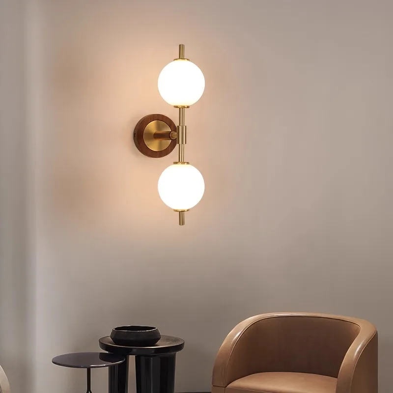 Walnut Wood Glass Sphere Brass, Wabi-sabi Simple Modern Vintage style, Wall Sconce lighting for Bedroom, Bedside, Dining Room - Image 2
