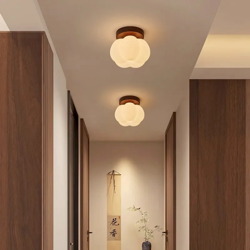Walnut Wood Roll Molded Pumpkin, Wabi Sabi Modern, Flush Ceiling light fixture for Entrance Hall, Corridor, Balcony, Entrance - Image 3