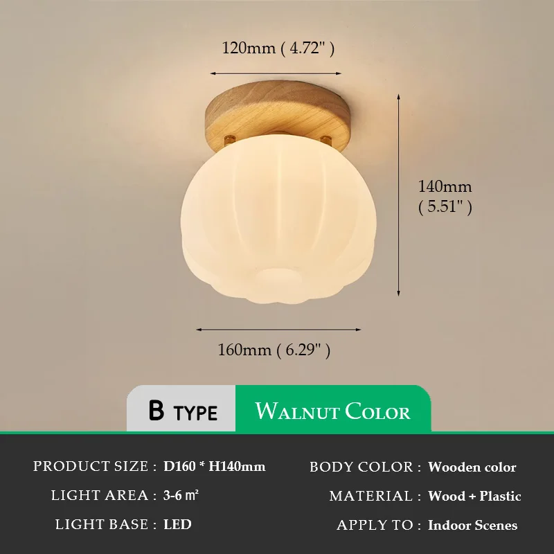 Walnut Wood Roll Molded Pumpkin, Wabi Sabi Modern, Flush Ceiling light fixture for Entrance Hall, Corridor, Balcony, Entrance - Image 7